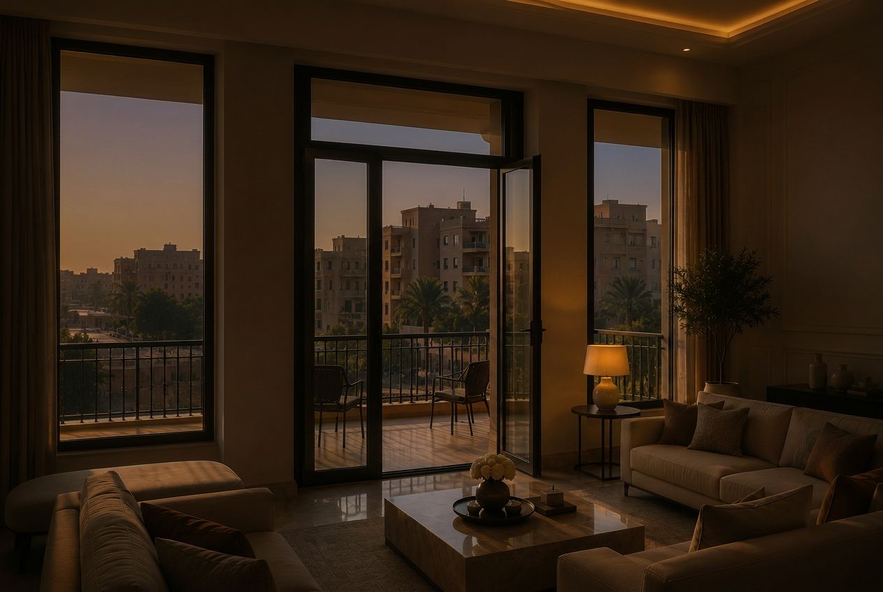 Salon d'un appartement au Caire au coucher du soleil